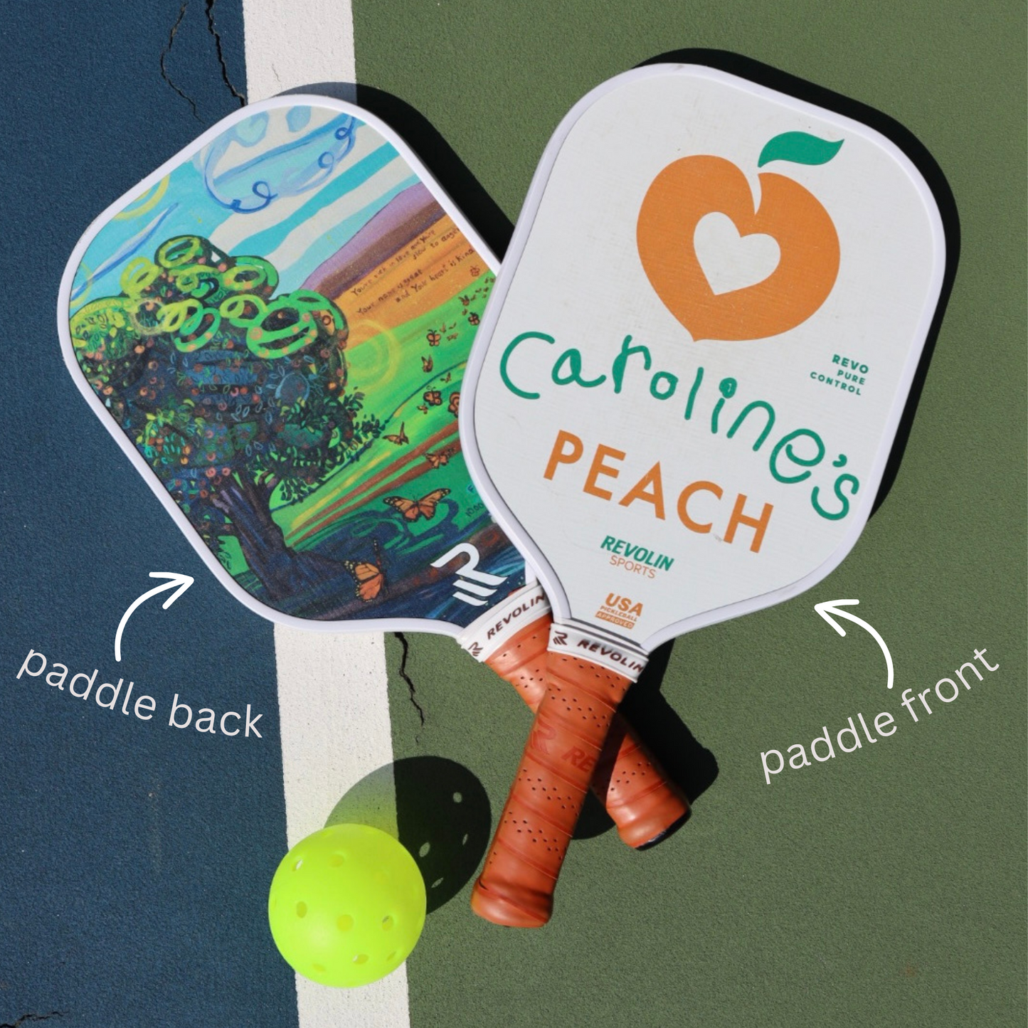 peach pickleball paddle front and back